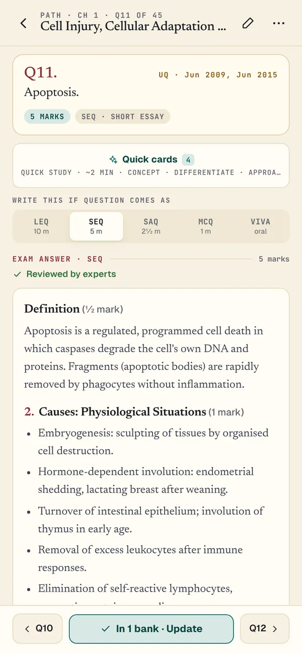 The JMedGuide app on a phone, showing the 5-mark short essay answer to the question Apoptosis, with format tabs for LEQ, SEQ, SAQ, MCQ and viva.