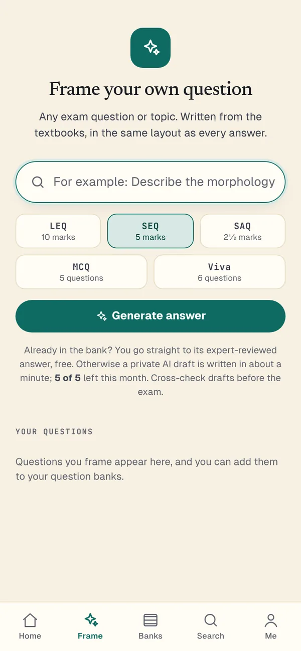 The Frame your own screen: a box to type a question, a choice of format and a Generate answer button.