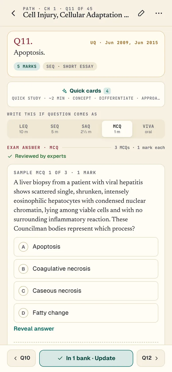 MCQ format of the Apoptosis question: a clinical question with four options and a Reveal answer link.