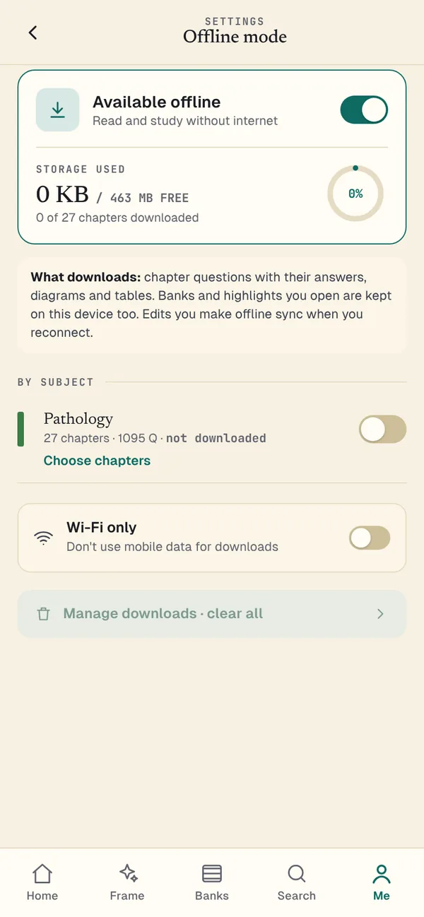 The Offline mode settings, with chapter downloads, storage used and a Wi-Fi only switch.